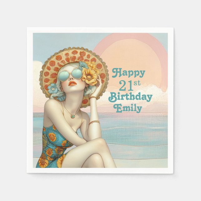 Retro Beach Glam Stylish 21st Birthday Napkin (Front)