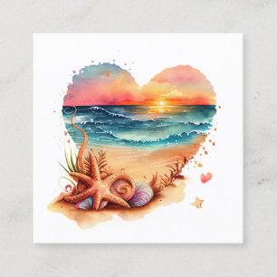 Retro Beach Heart Watercolor Square Business Card