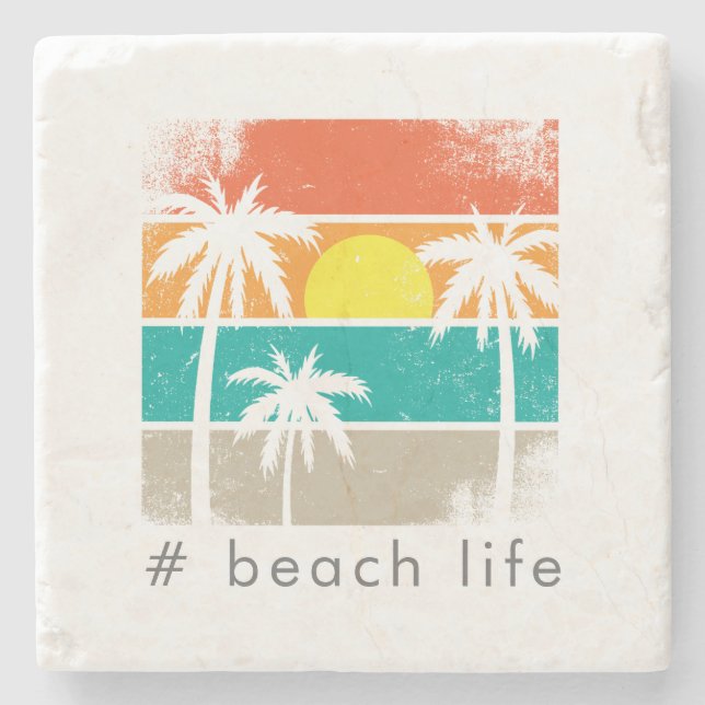 Retro Beach Life, White Silhouette Stone Coaster (Front)