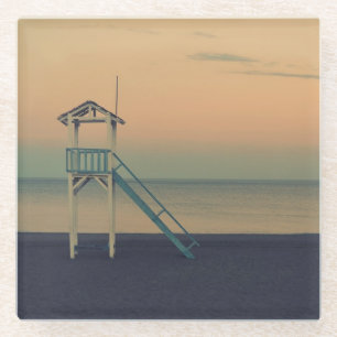 Retro Beach Lifeguard Tower Sunset Glass Coaster