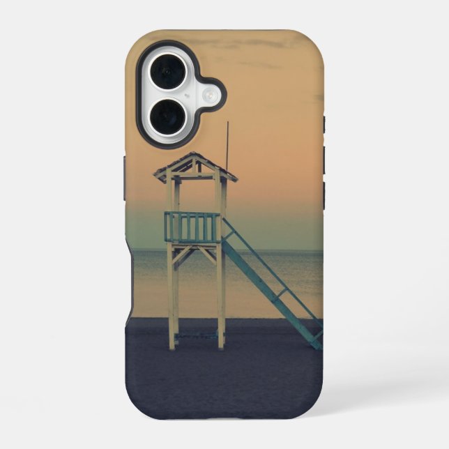 Retro Beach Lifeguard Tower Sunset iPhone 16 Case (Back)