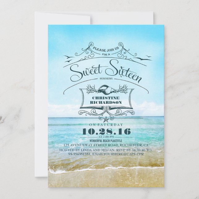 Retro Beach Ombre Blue Sea Sweet Sixteen Invitation (Front)