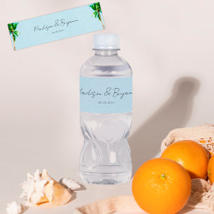 Retro Beach Palm Trees Personalised Wedding Water Bottle Label
