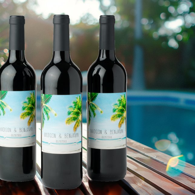 Retro Beach Palm Trees Personalised Wedding Wine Label (Creator Uploaded)