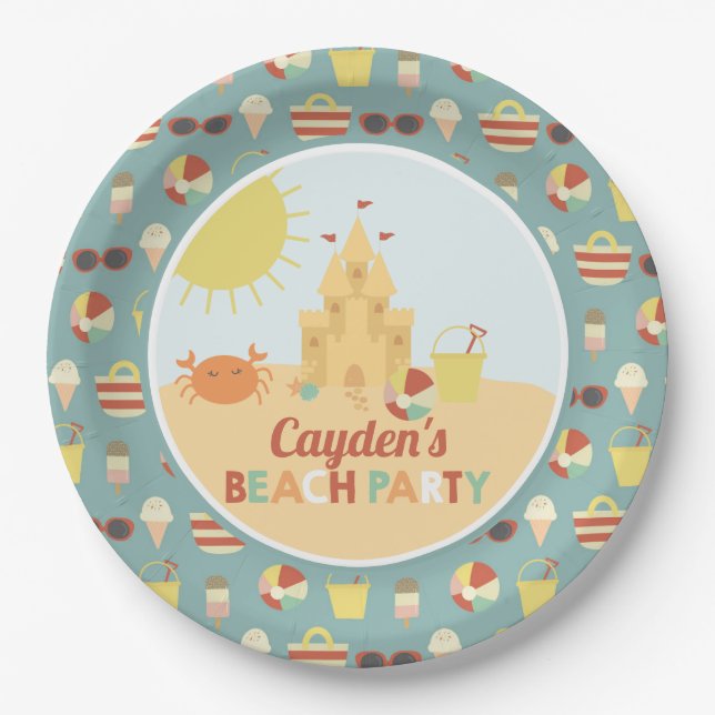 Retro Beach Party Summer Sand castle Birthday Pape Paper Plate (Front)