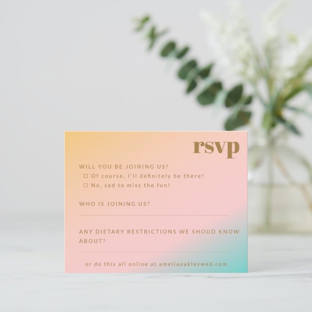 Retro Beach Pastel Gradient Unique Wedding Website RSVP Card (Standing Front)
