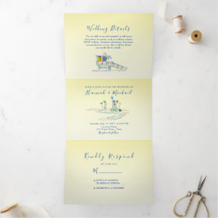 Retro Beach Photo Wedding Tri-Fold Invitation