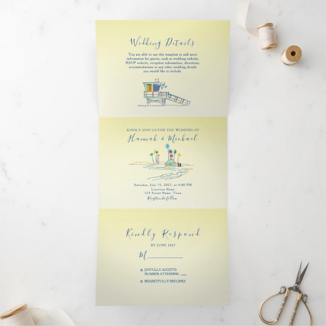 Retro Beach Photo Wedding Tri-Fold Invitation (Inside)
