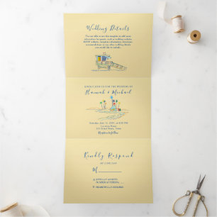 Retro Beach Photo Wedding Tri-Fold Invitation
