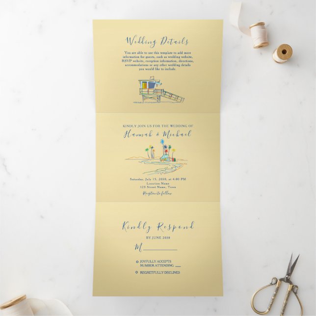 Retro Beach Photo Wedding Tri-Fold Invitation (Inside)