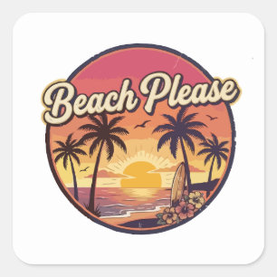 Retro Beach Please Summer Sunset Surf Van Vintage Square Sticker