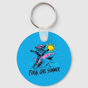 Retro Beach Racoon Feral Girl Summer Vacation Key Ring