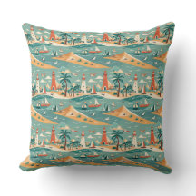 Retro Beach Scene Throw Pillow