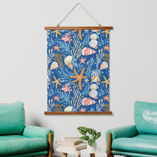 Retro Beach Seashell Orange Pink Yellow Blue Hanging Tapestry