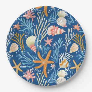 Retro Beach Seashell Orange Pink Yellow Blue Paper Plate