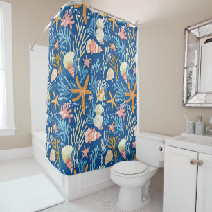 Retro Beach Seashell Orange Pink Yellow Blue Shower Curtain
