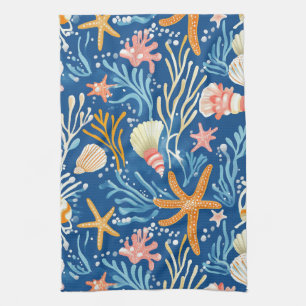 Retro Beach Seashell Orange Pink Yellow Blue Tea Towel