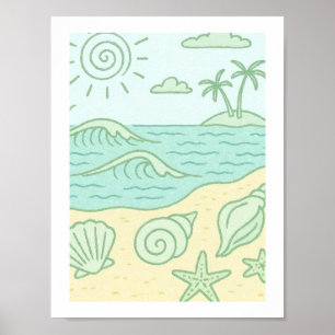 Retro Beach Seashells Coastal Tropical Ocean Sun Poster
