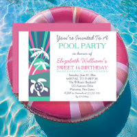 Retro Beach Sunset Sweet 16 Birthday Pool Party