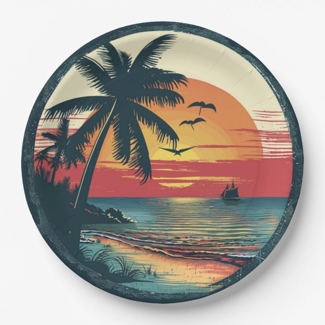 Retro Beach Sunset Tropical Party Theme Beach Paper Plate (Front)