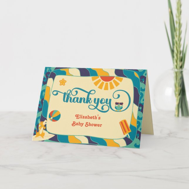 Retro Beach Surfing Baby Shower Thank You Card (Front)
