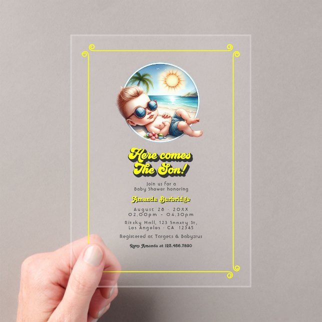 Retro Beach Theme Here Comes the Son Baby Shower Acrylic Invitations (Insitu (Handheld))