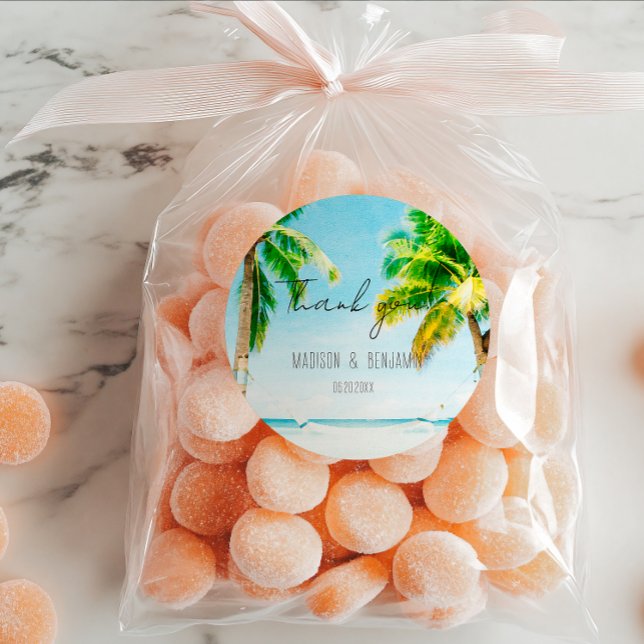 Retro Beach Tropical Destination Wedding Favour Classic Round Sticker (Creator Uploaded)