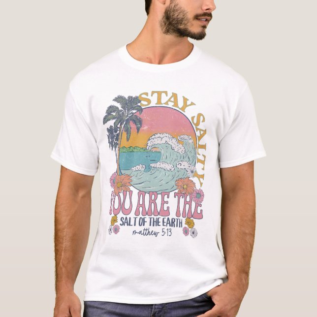 Retro Beach Wave, Stay Salty Quote, Christian Tee (Front)