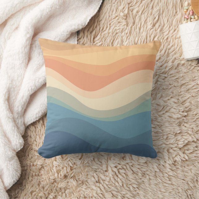 Retro Beach Waves Throw Pillow (Blanket)