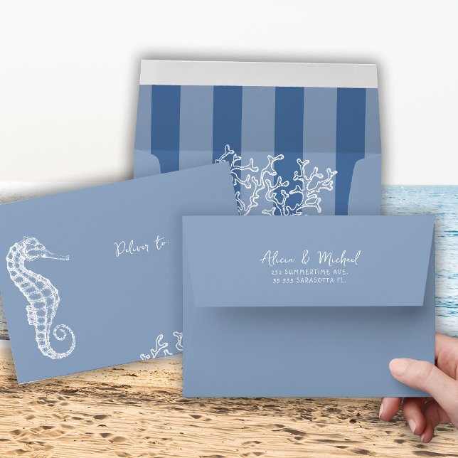 Retro beach wedding blue and white wedding  envelope (Creator Uploaded)