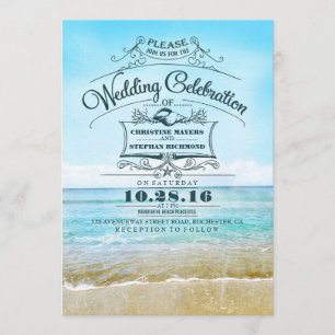 Retro beach wedding invitations blue ombre seaside