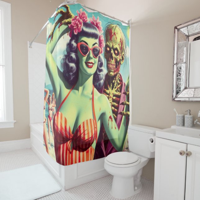 Retro Beach Zombie Pin-Up Shower Curtain (In Situ)