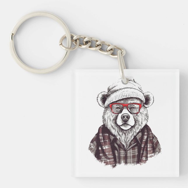 Retro Bear in Red Glasses Key Ring (Front)