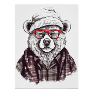 Retro Bear in Red Glasses Poster