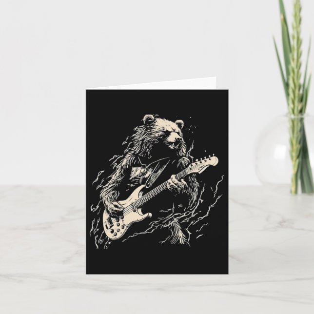 Retro Bear Playing Bass Guitar Bear Guitarist Musi Card (Front)