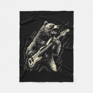 Retro Bear Playing Bass Guitar Bear Guitarist Musi Fleece Blanket