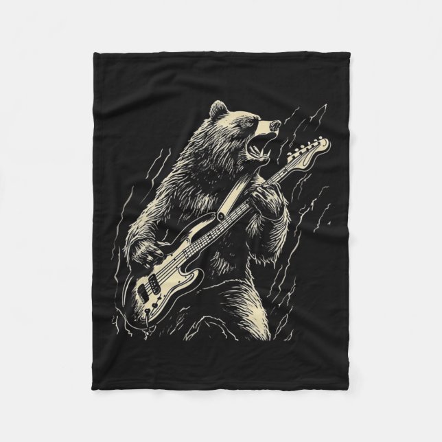 Retro Bear Playing Bass Guitar Bear Guitarist Musi Fleece Blanket (Front)