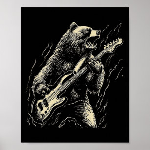 Retro Bear Playing Bass Guitar Bear Guitarist Musi Poster