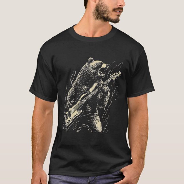 Retro Bear Playing Bass Guitar Bear Guitarist Musi T-Shirt (Front)