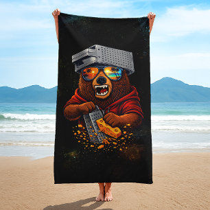 Retro Bear With Cheese Grater Hat and Sunglasses Beach Towel