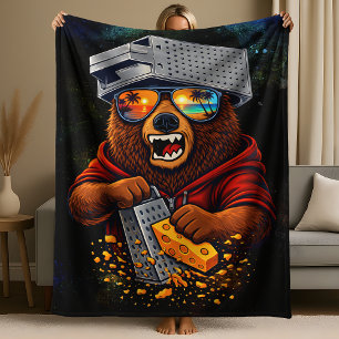 Retro Bear With Cheese Grater Hat and Sunglasses Fleece Blanket