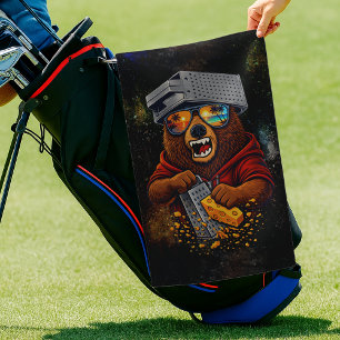 Retro Bear With Cheese Grater Hat and Sunglasses Golf Towel
