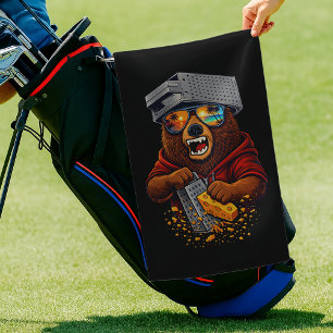 Retro Bear With Cheese Grater Hat and Sunglasses Golf Towel