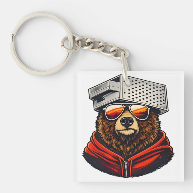 Retro Bear with Cheese Grater Hat and Sunglasses Key Ring (Front)