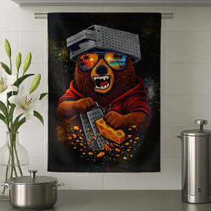 Retro Bear With Cheese Grater Hat and Sunglasses Tea Towel