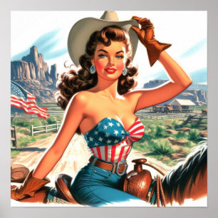 Retro Beautiful Cowgirl Pin Up Poster
