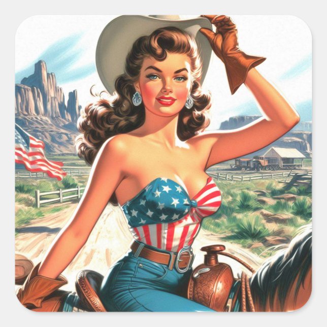 Retro Beautiful Cowgirl Pin Up Square Sticker (Front)