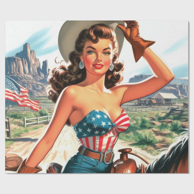 Retro Beautiful Cowgirl Pin Up Wrapping Paper (Flat)