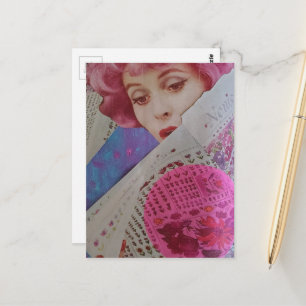 Retro Beautiful Pink Hair Lady Mixed Media Collage Postcard