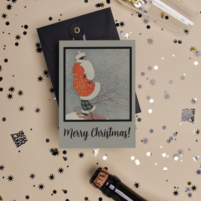Retro Beautiful Red Woman Black Frame Christmas Holiday Card (Creator Uploaded)